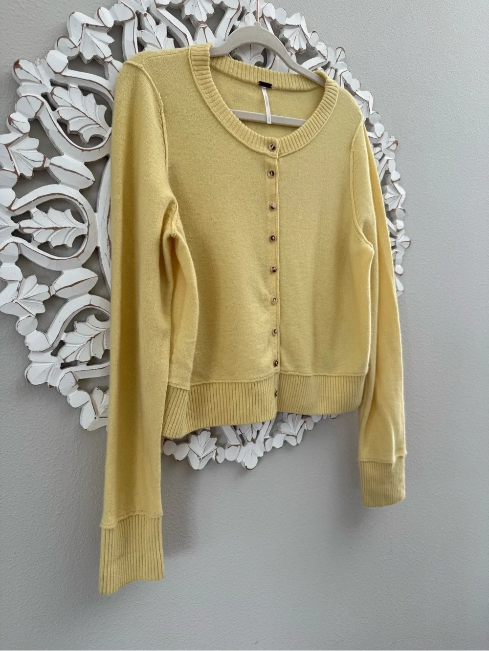 Free People Butter Yellow Wool Cardigan, Nocturnal Cardi Sweater, Large